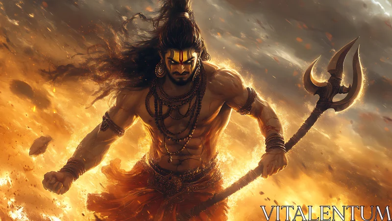 Fiery warrior god striding through stormlit cosmic flames.