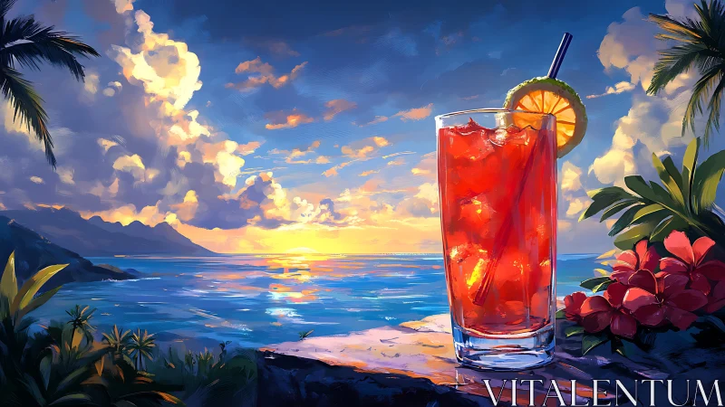 Tropical Sunset Cocktail Scene with Ocean Backdrop