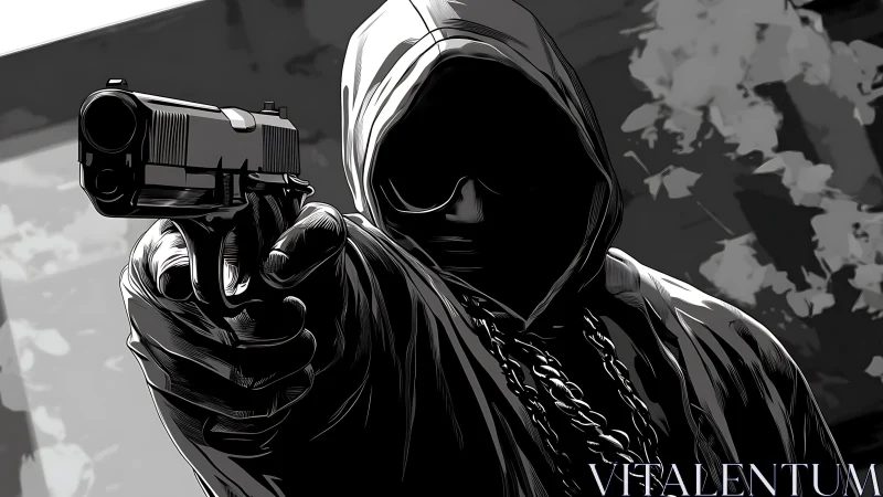 Hooded gunman confronts viewer in stark monochrome tension