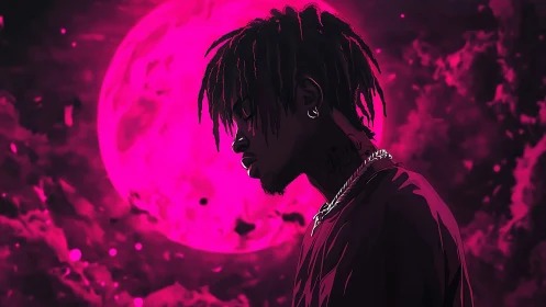 Side-lit profile portrait contrasts neon magenta moon and deep shadows