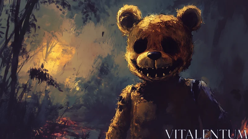 Eerie teddy bear figure wandering through a twilight forest.