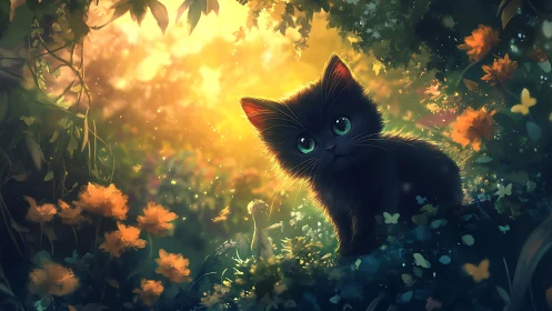 Felis catus with Luminescent Iris in Photorealistic Botanical Environment