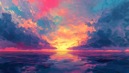 Digitally rendered seascape with saturated sunset sky.