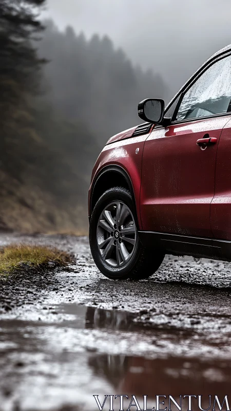 Photorealistic off-road SUV close-up in misty forest setting.