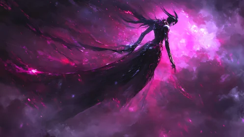 Midnight sorceress drifting through glowing cosmic storm.