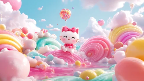 Whimsical Pastel Fantasy: Smiling Cat Character in Dreamscape.