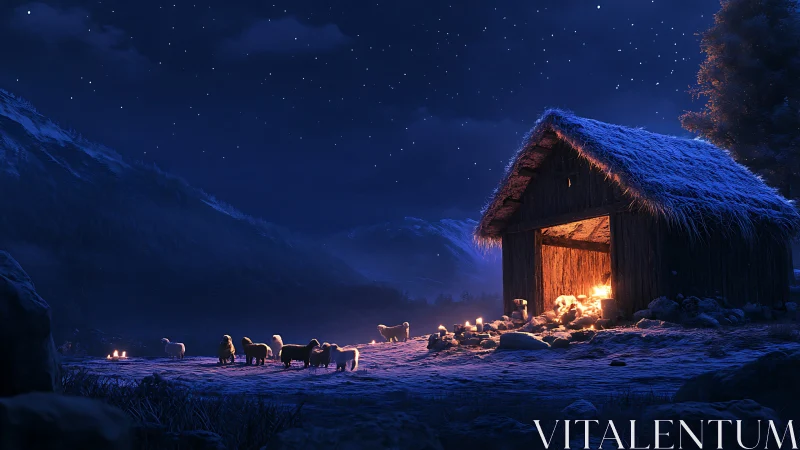 Snow covered barn with livestock under starry night sky.