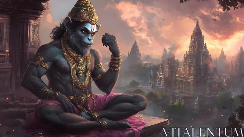 Divine simian guardian ponders dusk above sacred spires