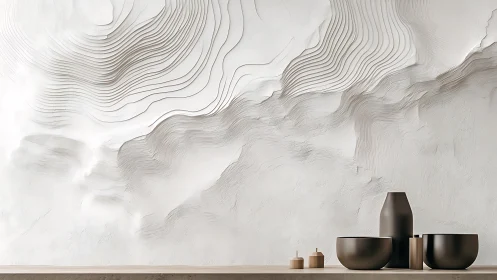 Minimal vessels before textured wall relief in neutral studio.