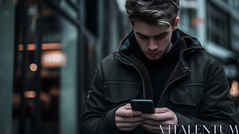 Shallow depth-of-field portrait isolates man using smartphone outdoors
