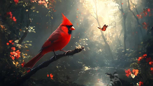 Vibrant Cardinal and Butterfly in Enchanted Forest Artwork.