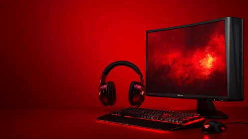 Immersive red gaming battlestation with curved monitor display.