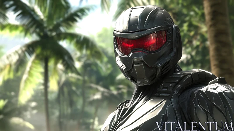 Futuristic black combat exosuit stands alert in tropical jungle