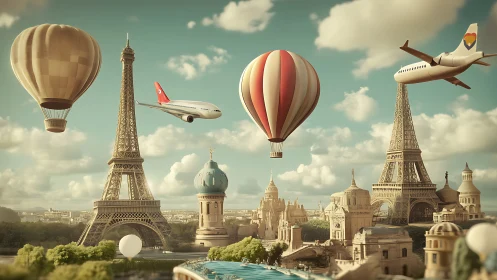 Surreal Parisian skyline with dirigibles and jetliner forms.