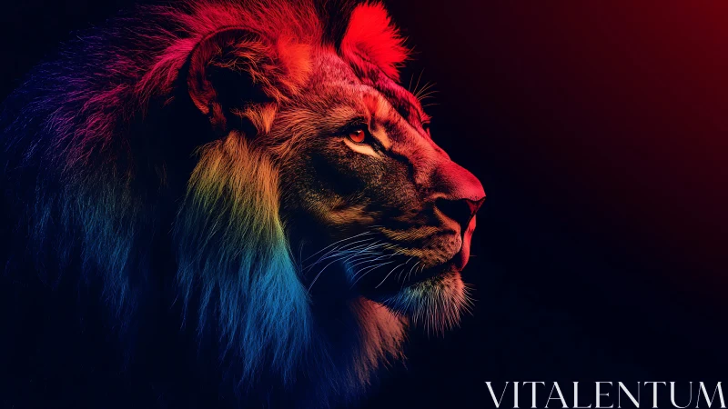 Regal neon lion gazes into darkness with radiant intensity