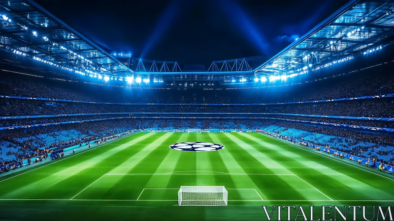 Illuminated football stadium interior under intense night floodlights