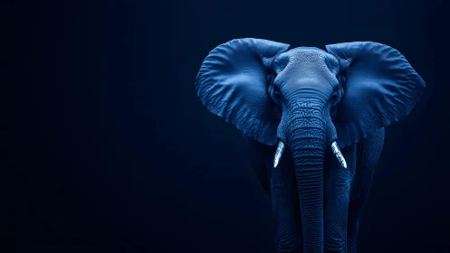 Majestic Elephant Portrait in Dramatic Blue Lighting, Minimalist Art.