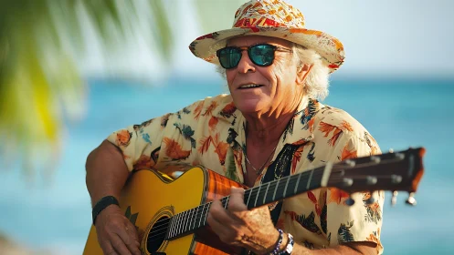 Older man plays acoustic guitar by the sea in warm sunlight