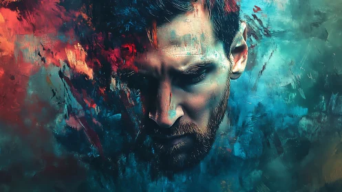 Brooding painted portrait glows within bold swirling color