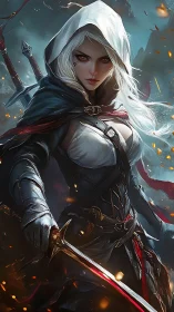 White hooded swordswoman with glowing red eyes in battle