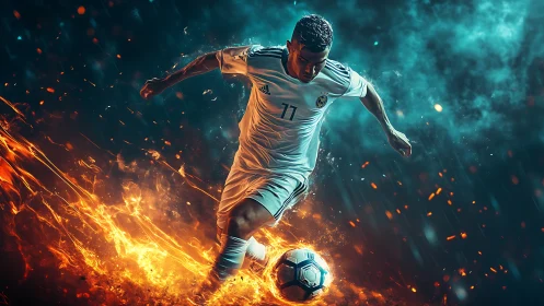 Blazing soccer star drives the ball through fire and sparks