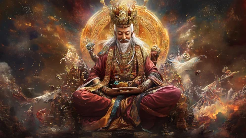 Regal meditative deity in ornate golden throne amid swirling cosmos