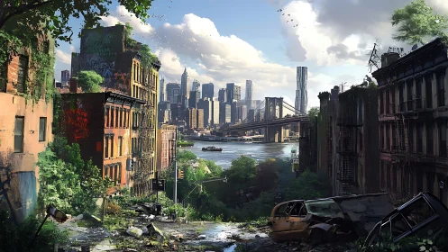Post apocalyptic riverfront city with overgrown streets.