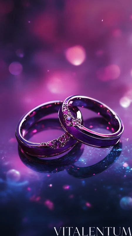 Platinum Wedding Rings with Diamond Accents in Luminous Purple Bokeh Setting