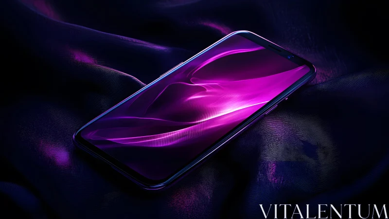 Sleek Smartphone on Silk with Vibrant Purple Neon Light Effect. Sleek Smartphone on Silk with Vibrant Purple Neon Light Effect.
