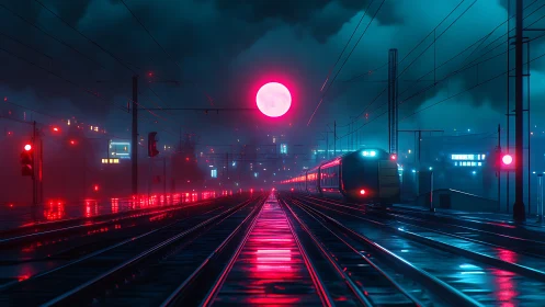 Neon lit train tracks under red moon in foggy night scene.