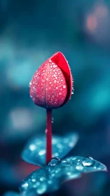 Raindrop-armored crimson bud quietly rehearses its sunrise