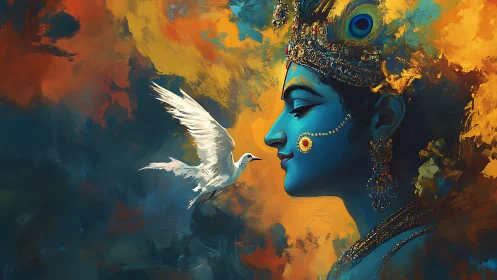 Blue divine profile with white bird in vivid abstract glow.