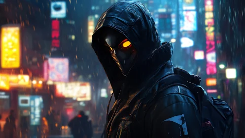Hooded cyberpunk figure in neon city rain at night.