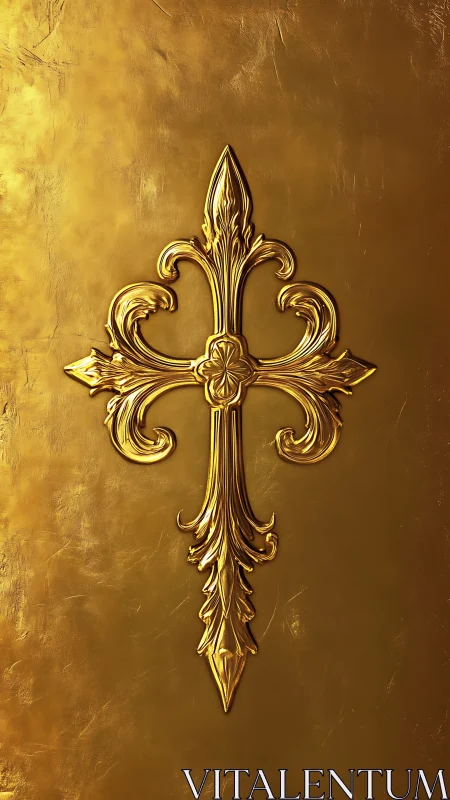 Ornate golden cross relief on polished metallic surface.