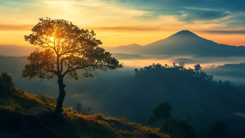Solar backlit tree over misted volcanic ridge at sunrise.