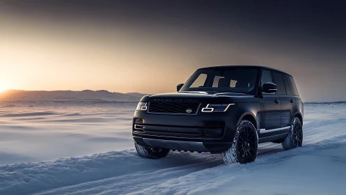 Black luxury SUV parked on snowy landscape at sunset.