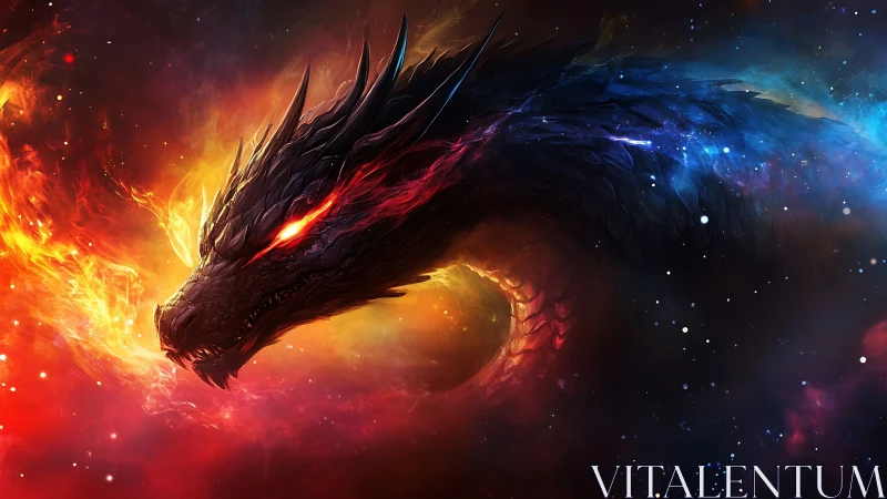 Cosmic fire dragon profile in dynamic digital painting composition.