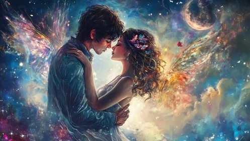 Celestial Romance Beneath Cosmic Wings and Moonlight