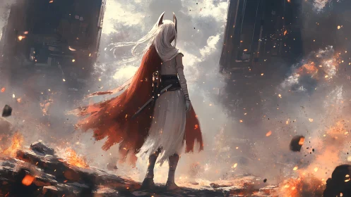 Armored pale warrior with red cape in burning ruins