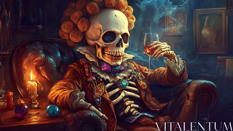 Skeleton aristocrat in velvet chair holding brandy glass.