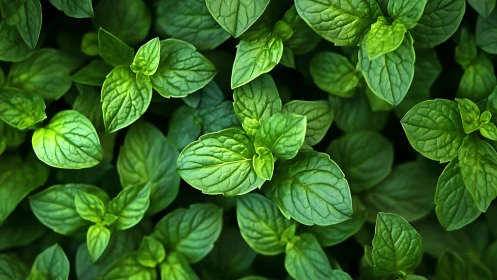 Top view shows dense cluster of green mint leaves
