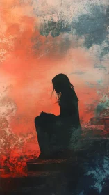 Silhouette on worn steps against abstract dusk gradient field.