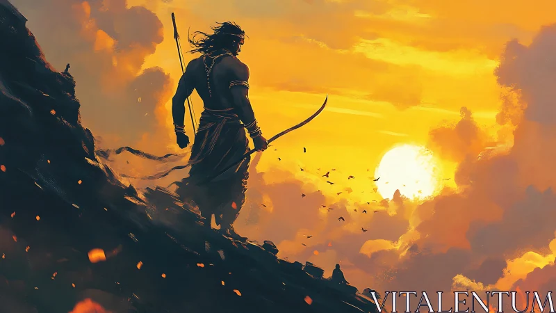 Silhouetted archer stands on rocky slope before low setting sun