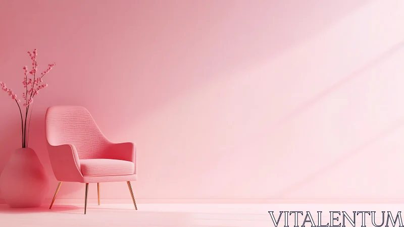 Soft pink lounge chair in minimalist pastel interior scene.