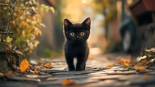 Curious Black Kitten's Gentle Autumn Adventure.