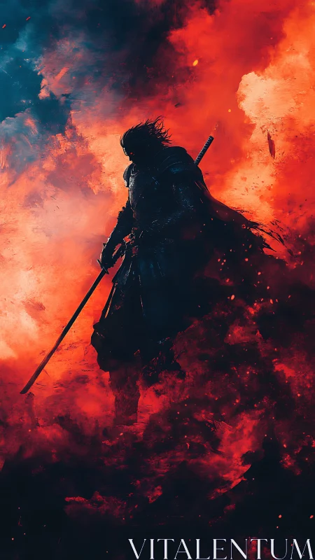 Silhouetted swordsman in dark armor amid red smoke field.