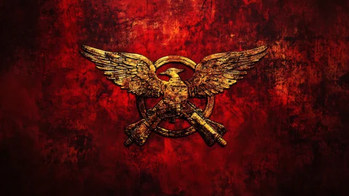 Winged eagle and rifles emblem on distressed red field.