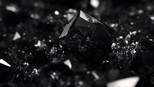 Shiny Black Diamond Cluster in Dramatic Dark Abstract Style.