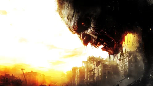 Colossal decaying zombie head looms over apocalyptic cityscape