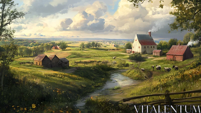 Sunlit country farmstead wrapped in fields and slow clouds.